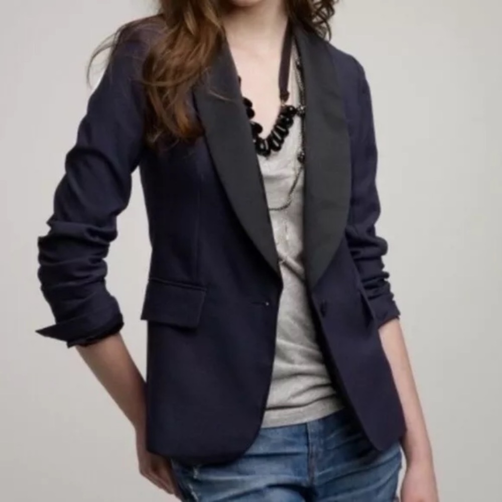J Crew Size 0 Blue Tuxedo Style Wool Blazer Black Collar Flap Pockets Button